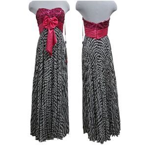 Night Moves Strapless Polka-Dot Formal Maxi Dress Front Bow Tie S 8 Fuschia NWT